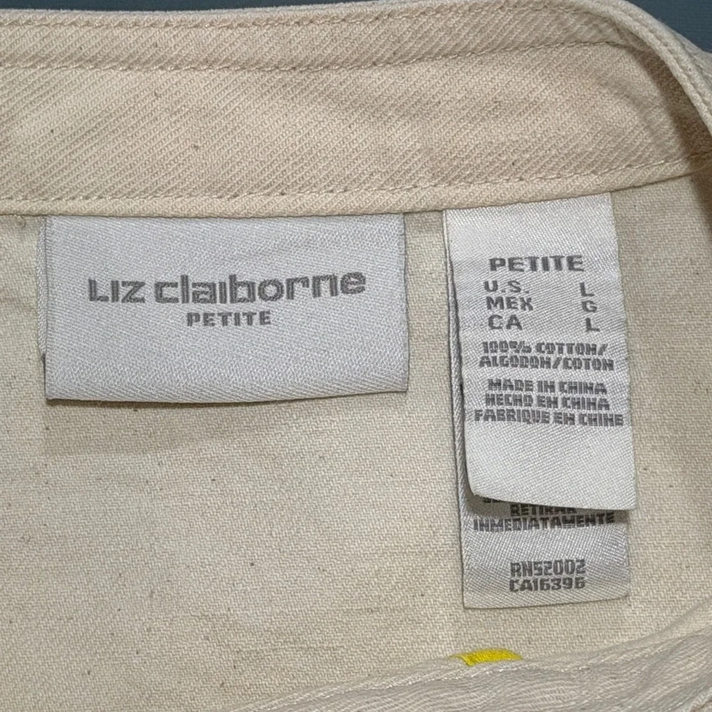 VTG Liz Claiborne Jacket Women L Petite Cream Cotton Military Utility Button Up